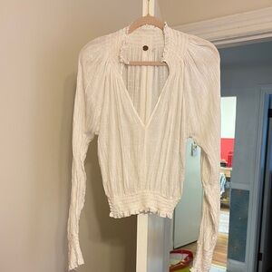 Free People One white cotton v-neck smocked top.  Size XS